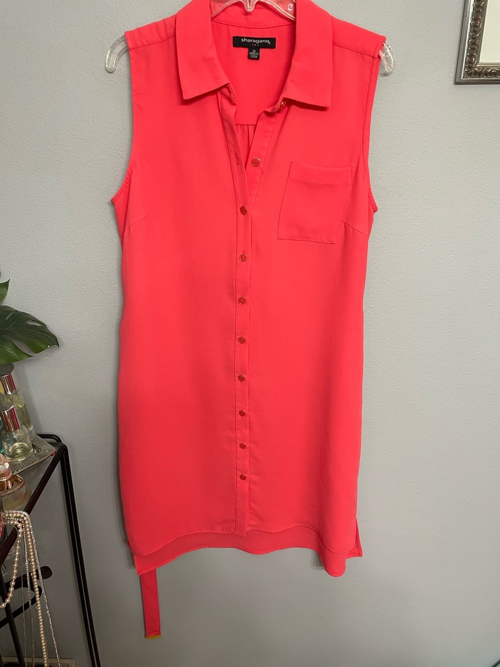 Sharagano Bright Coral Sleeveless Shirt Dress, Gold Buttons and Belt Hardware 10